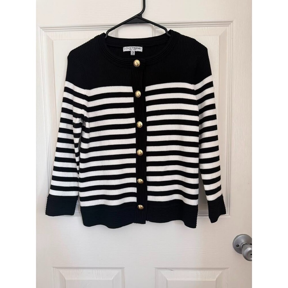 LoveTrend New York Petite M Striped Cardigan Black White Gold Buttons Y2K